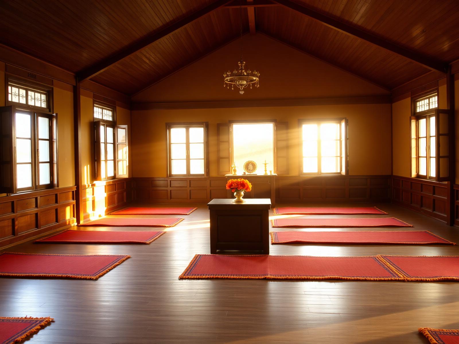 A serene school prayer hall in warm morning light
