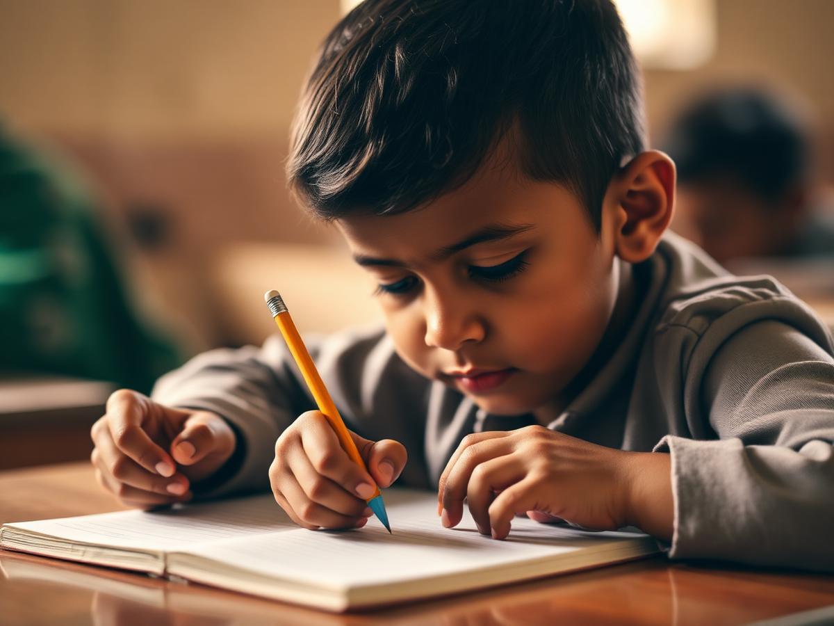 A young learner writing carefully in a notebook