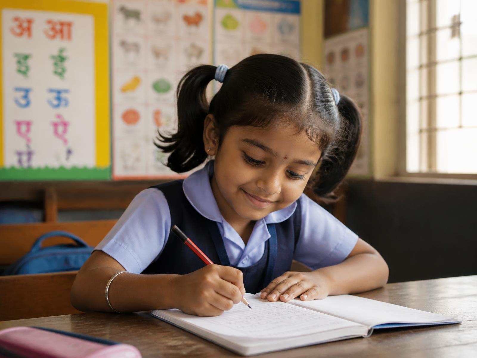 A young learner writing carefully in a notebook