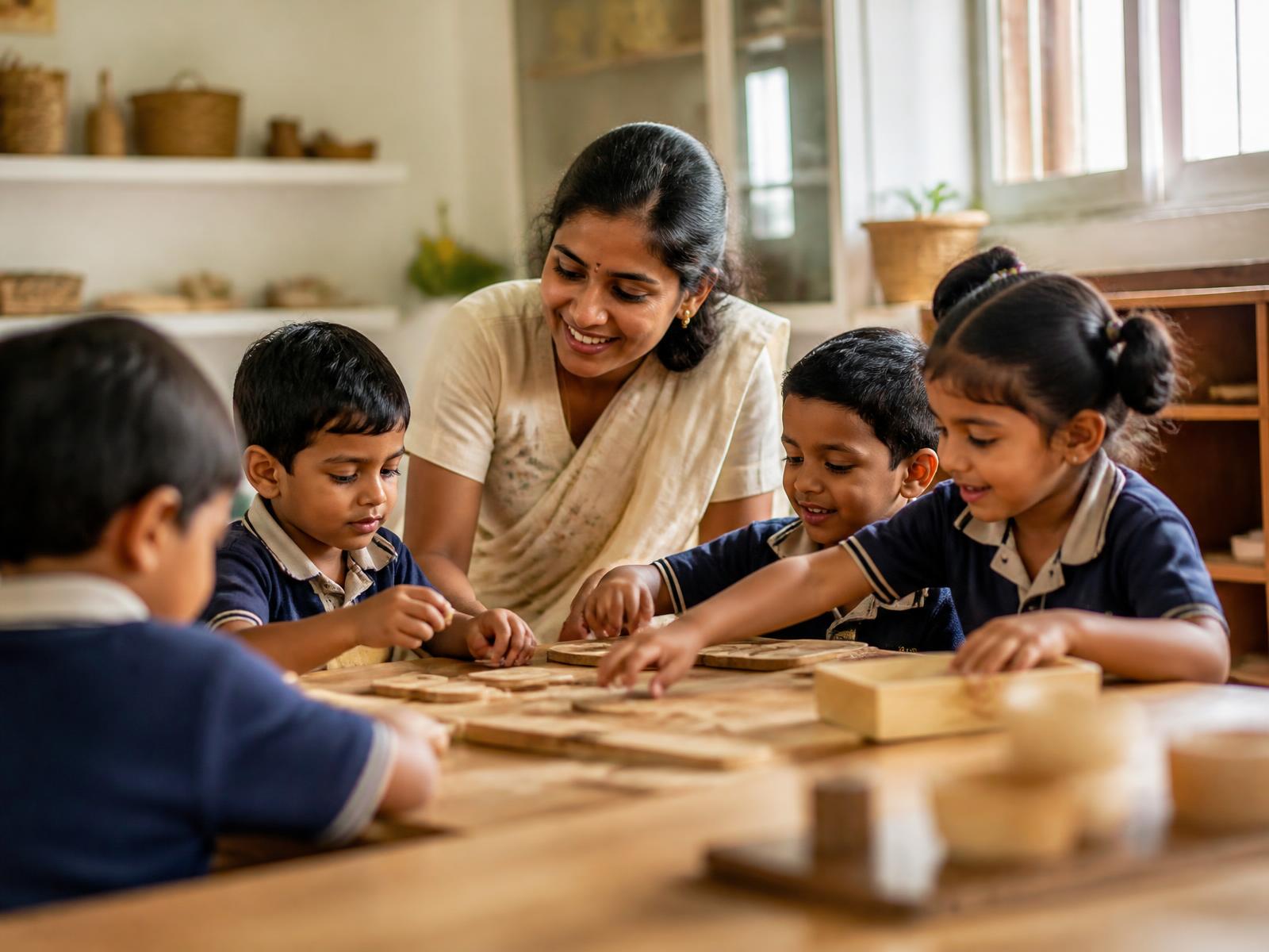 A teacher guiding young children through a hands-on learning activity in a bright classroom